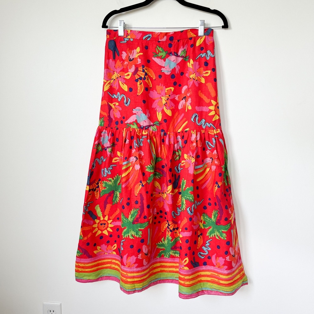 Maison d'Amelie Paris Linen Blend Tropical Tiered Midi Skirt Small Red Multi - Picture 2 of 13